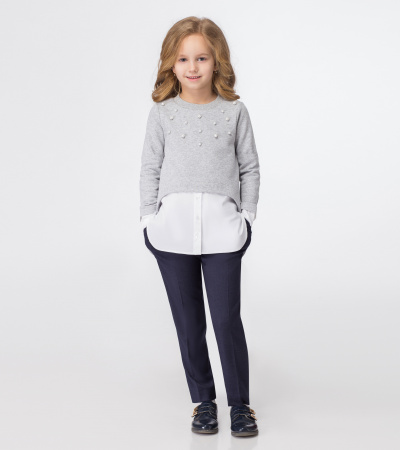 Джемпер для девочки из трикотажа с вставкой из сорочечной ткани Panda Kids ПА-324640 серо-белый - фото 1