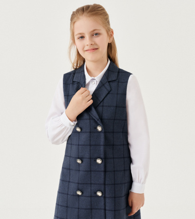 Стильный двубортный сарафан в клетку с подкладкой Panda Kids ПА-334880 синий - фото 4