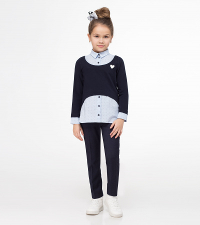 Джемпер с имитацией втачной рубашки и брошкой Panda Kids ПА-335140 синий - фото 1
