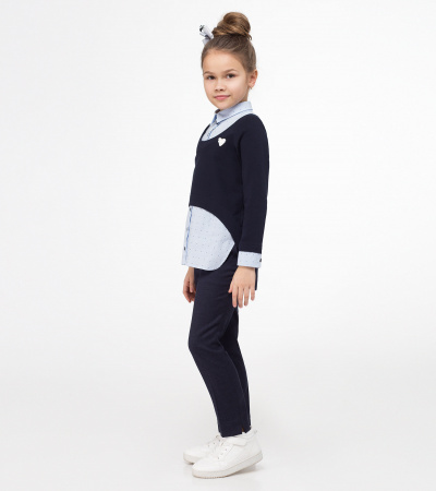 Джемпер с имитацией втачной рубашки и брошкой Panda Kids ПА-335140 синий - фото 2