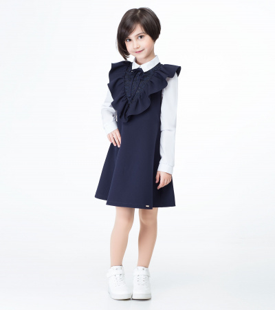 Круглогодичный сарафан с кружевными вставками и рюшей Panda Kids ПА-335980 синий - фото 1