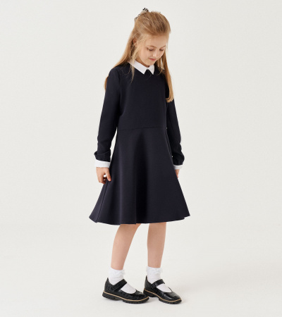 Круглогодичное платье с отрезной талией и съемными манжетами Panda Kids ПА-336080 синий - фото 3