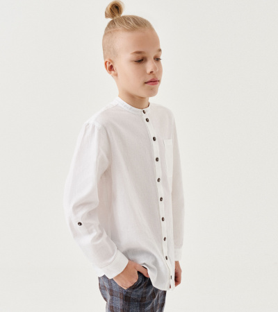 Хлопковая сорочка с накладным карманом и разрезами рукавов Panda Kids ПА-354240 белый - фото 8