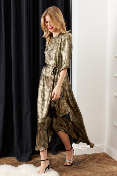 Нарядное платье с поясом и асимметричным подрезом Lokka 1511В золотой - фото 4