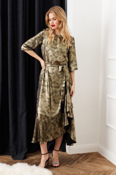 Нарядное платье с поясом и асимметричным подрезом Lokka 1511В золотой - фото 3