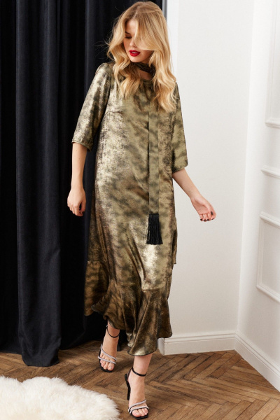 Нарядное платье с поясом и асимметричным подрезом Lokka 1511В золотой - фото 2
