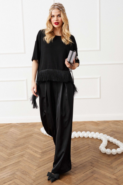 Черная блуза из трикотажа со спущенными плечами и бахромой Lokka 1557 черный - фото 1