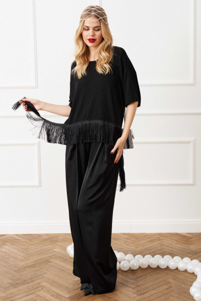 Черная блуза из трикотажа со спущенными плечами и бахромой Lokka 1557 черный - фото 3