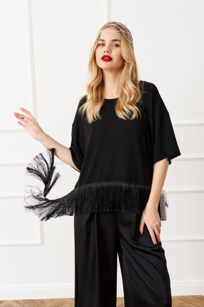 Черная блуза из трикотажа со спущенными плечами и бахромой Lokka 1557 черный - фото 2