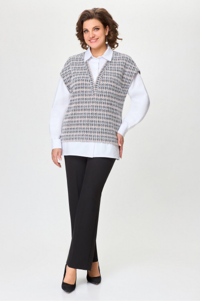 Блуза из текстиля длиной 73 см на каждый день DaLi 7008 серая_с_ белым - фото 1