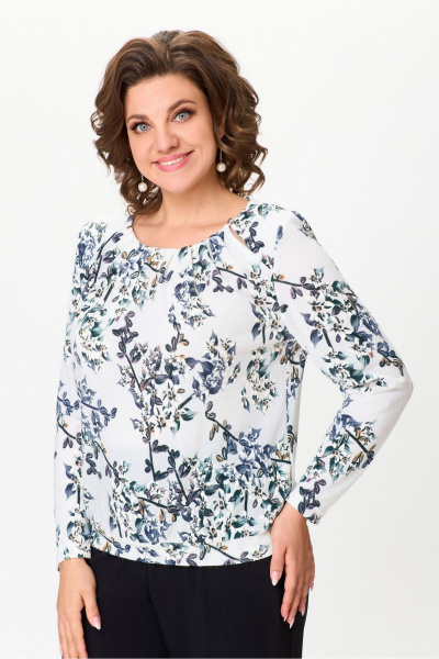 Белая трикотажная блуза длиной 56 см для повседневности DaLi 3701 цветы - фото 1