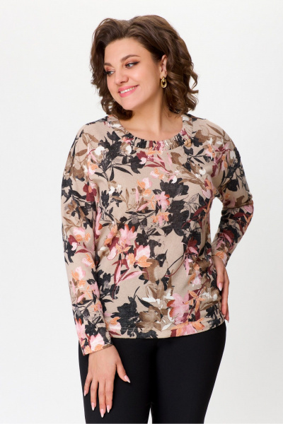 Мультиколорная трикотажная блуза длиной 65 см для hverday DaLi 5733 цветы_капучино - фото 1