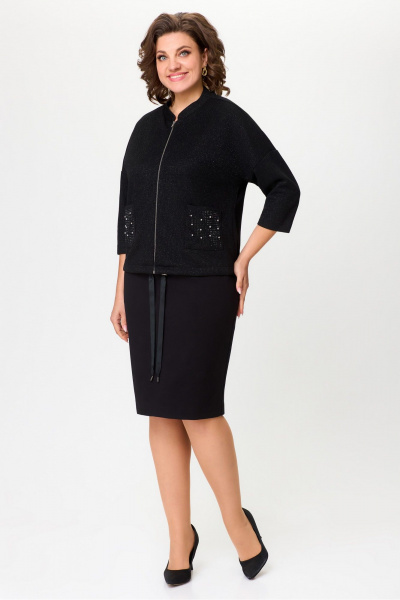 Черный трикотажный костюм блуза и юбка для повседневной носки DaLi 2423 чёрный - фото 1