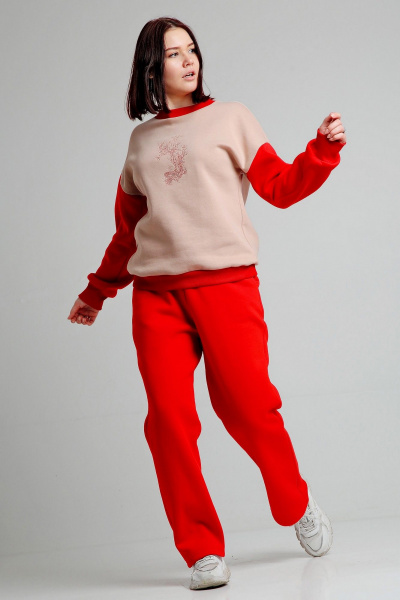 Бежевый и красный трикотажный спортивный костюм свитшот и брюки Takka Plus 24-248 - фото 13