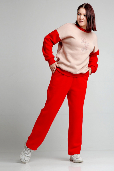 Бежевый и красный трикотажный спортивный костюм свитшот и брюки Takka Plus 24-248 - фото 12