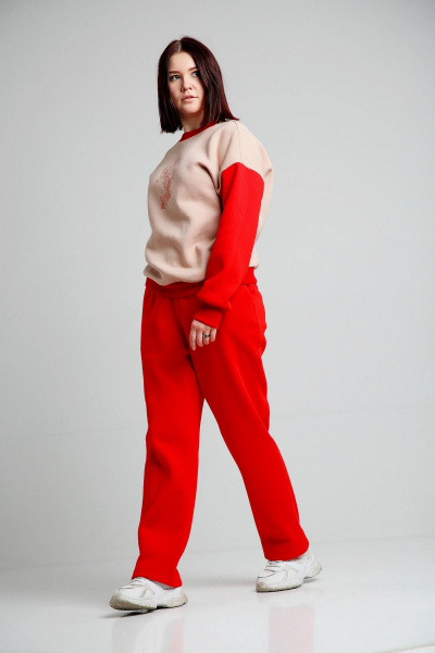 Бежевый и красный трикотажный спортивный костюм свитшот и брюки Takka Plus 24-248 - фото 10