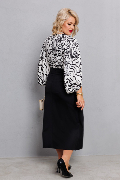 Двойной комплект из атласной блузы и ткани юбки Anastasia 1176 молочный+принт/черный - фото 7