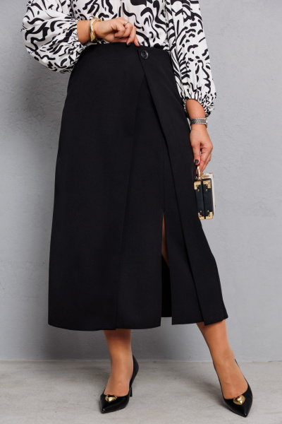 Двойной комплект из атласной блузы и ткани юбки Anastasia 1176 молочный+принт/черный - фото 6