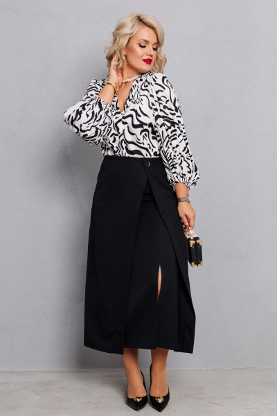 Двойной комплект из атласной блузы и ткани юбки Anastasia 1176 молочный+принт/черный - фото 5