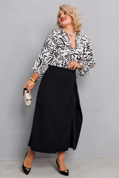 Двойной комплект из атласной блузы и ткани юбки Anastasia 1176 молочный+принт/черный - фото 4