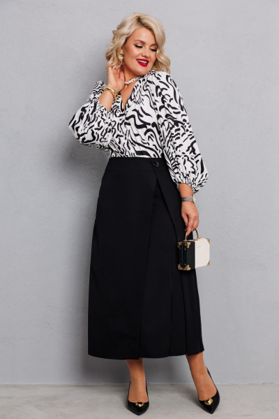 Двойной комплект из атласной блузы и ткани юбки Anastasia 1176 молочный+принт/черный - фото 3