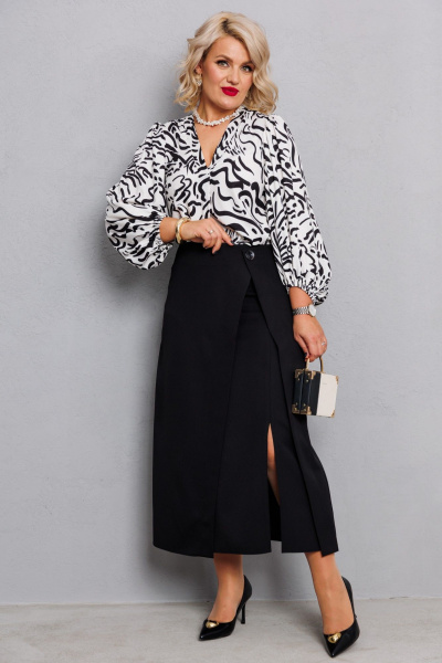 Двойной комплект из атласной блузы и ткани юбки Anastasia 1176 молочный+принт/черный - фото 2