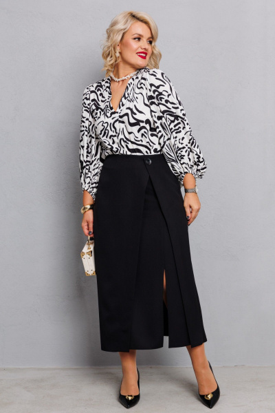 Двойной комплект из атласной блузы и ткани юбки Anastasia 1176 молочный+принт/черный - фото 1