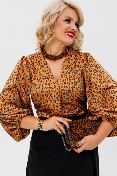 Комплект блузы из атласа и юбки с подрезами Anastasia 1176 золото/черный - фото 10