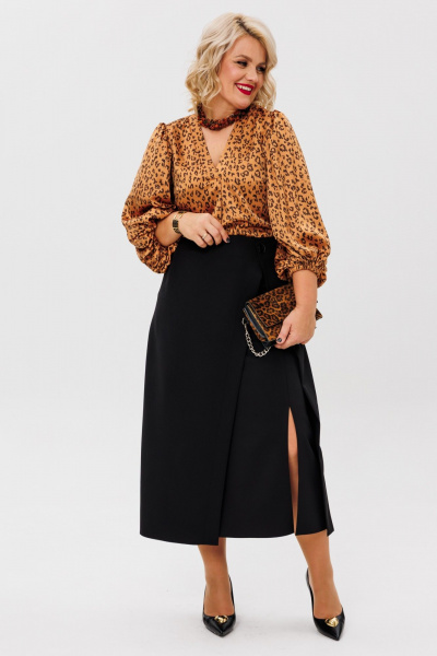 Комплект блузы из атласа и юбки с подрезами Anastasia 1176 золото/черный - фото 8