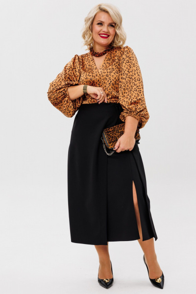 Комплект блузы из атласа и юбки с подрезами Anastasia 1176 золото/черный - фото 7