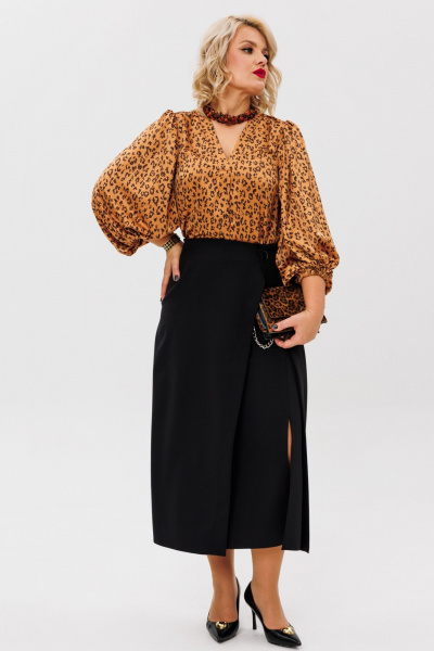 Комплект блузы из атласа и юбки с подрезами Anastasia 1176 золото/черный - фото 6
