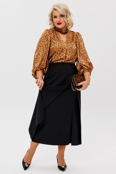 Комплект блузы из атласа и юбки с подрезами Anastasia 1176 золото/черный - фото 5