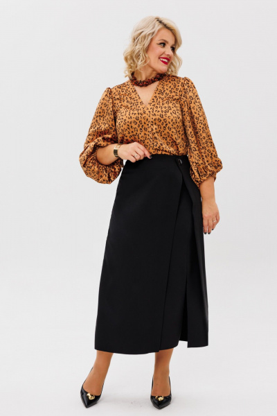 Комплект блузы из атласа и юбки с подрезами Anastasia 1176 золото/черный - фото 1