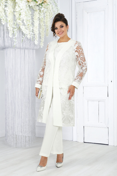 Элегантный брючный комплект из костюмной ткани с блузкой и брюками Ninele 6038 молочный - фото 3