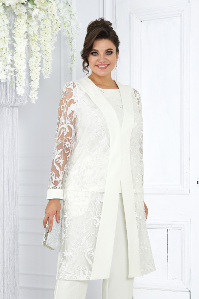 Элегантный брючный комплект из костюмной ткани с блузкой и брюками Ninele 6038 молочный - фото 4