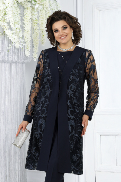 Нарядный брючный комплект с кардиганом и блузкой из кружевных тканей Ninele 6038 синий - фото 2