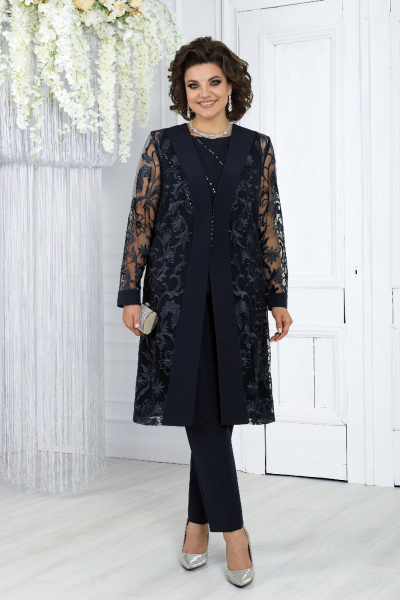 Нарядный брючный комплект с кардиганом и блузкой из кружевных тканей Ninele 6038 синий - фото 4