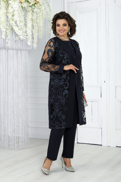 Нарядный брючный комплект с кардиганом и блузкой из кружевных тканей Ninele 6038 синий - фото 13