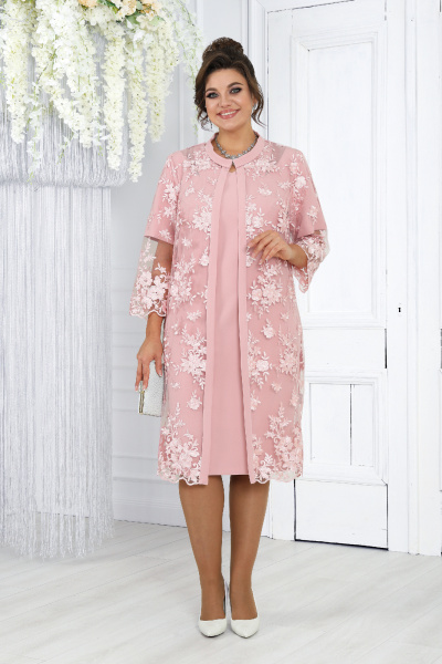 Роскошный кружевной комплект из кардигана и платья в насыщенных цветах Ninele 6040 розовый - фото 1