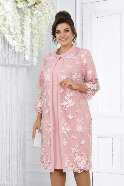 Роскошный кружевной комплект из кардигана и платья в насыщенных цветах Ninele 6040 розовый - фото 2