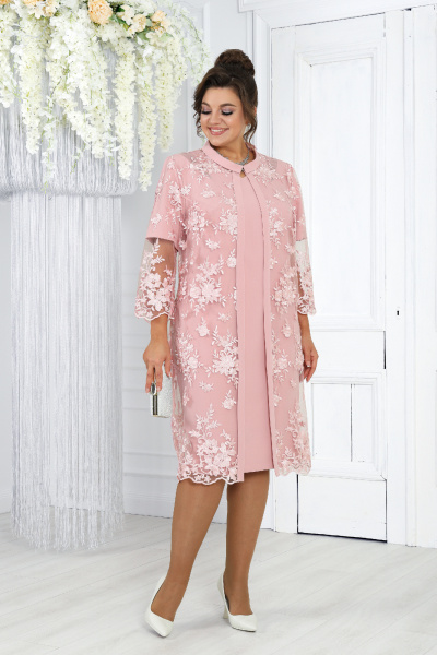 Роскошный кружевной комплект из кардигана и платья в насыщенных цветах Ninele 6040 розовый - фото 8