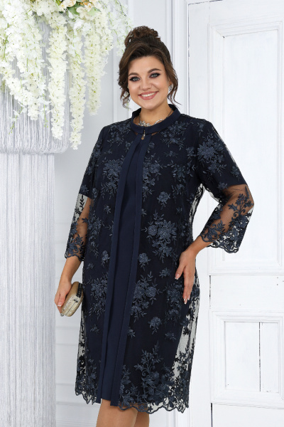 Элегантный кружевной комплект из кардигана и платья для торжественных случаев Ninele 6040 синий - фото 2