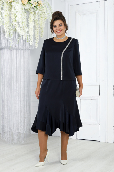 Стильный комплект из блузки и юбки с воланами и искусственным шифоном Ninele 7473 синий - фото 1