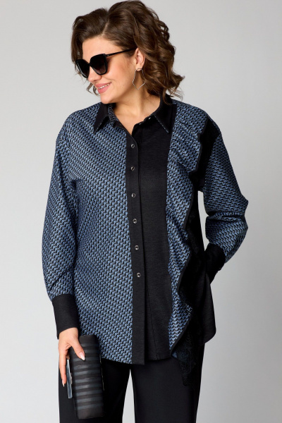 Повседневная блуза из вискозы и кружева с рюшей EVA GRANT 198-1 сине-черный - фото 1