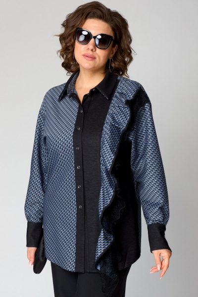 Повседневная блуза из вискозы и кружева с рюшей EVA GRANT 198-1 сине-черный - фото 2