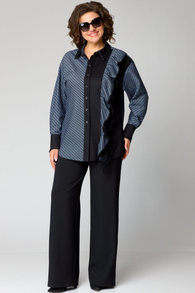 Повседневная блуза из вискозы и кружева с рюшей EVA GRANT 198-1 сине-черный - фото 5