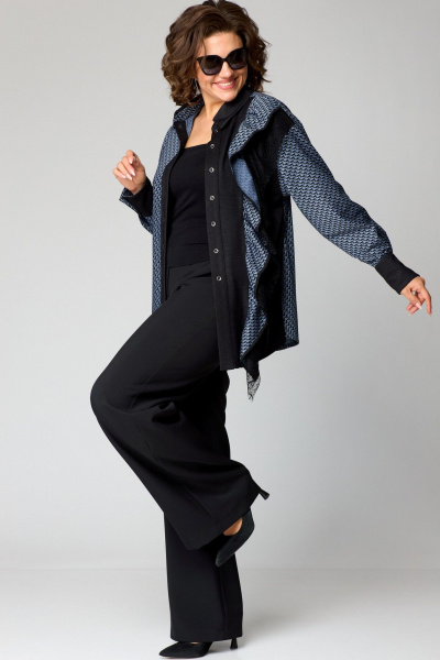 Повседневная блуза из вискозы и кружева с рюшей EVA GRANT 198-1 сине-черный - фото 8