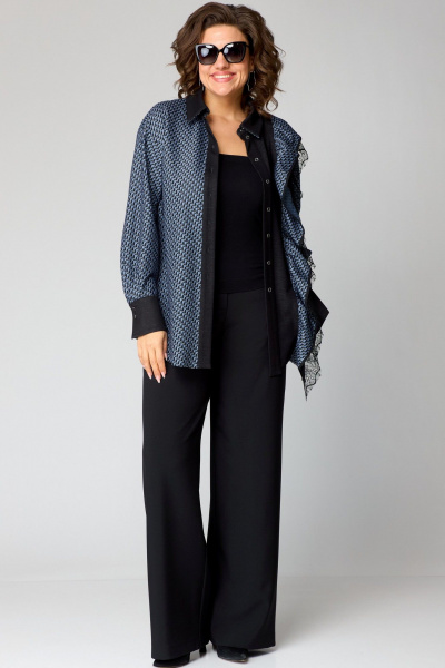 Повседневная блуза из вискозы и кружева с рюшей EVA GRANT 198-1 сине-черный - фото 7