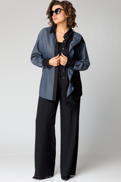 Повседневная блуза из вискозы и кружева с рюшей EVA GRANT 198-1 сине-черный - фото 6