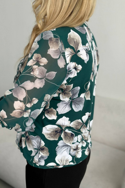 Роскошная блуза больших размеров с объемными рукавами LindaLux 483 изумрудные_цветы - фото 6